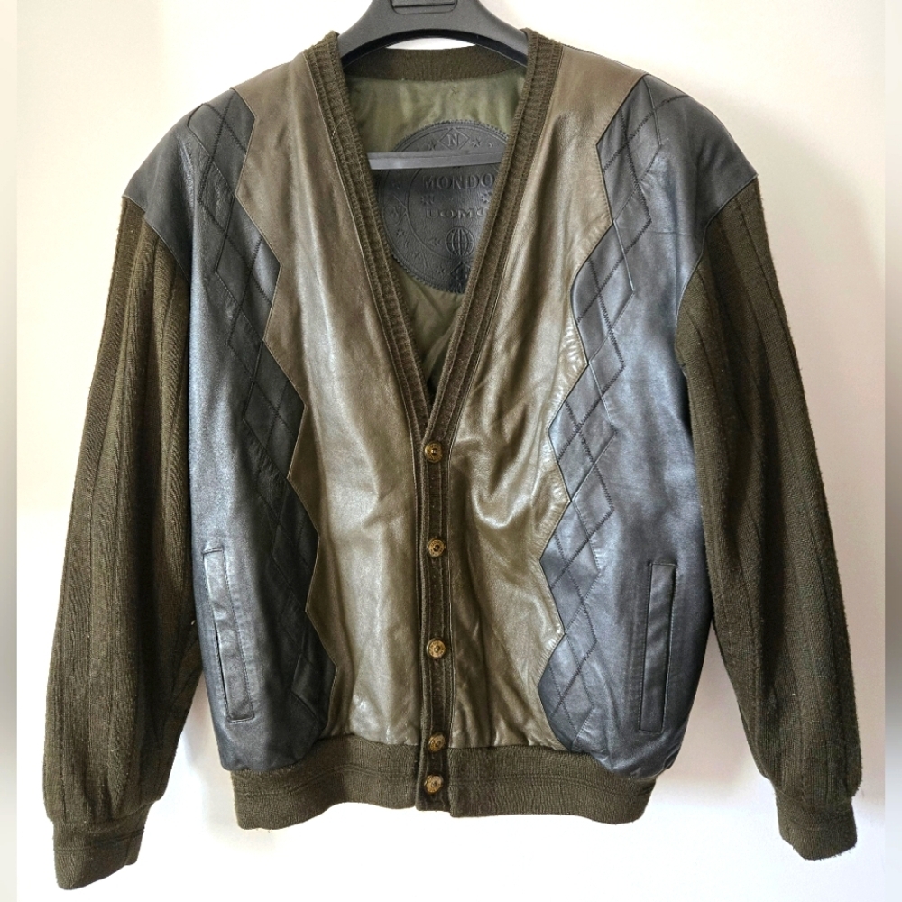 MONDO UOMO VINTAGE  Leather And Wool Cardigan Style Jacket in Green/ Navy.Small